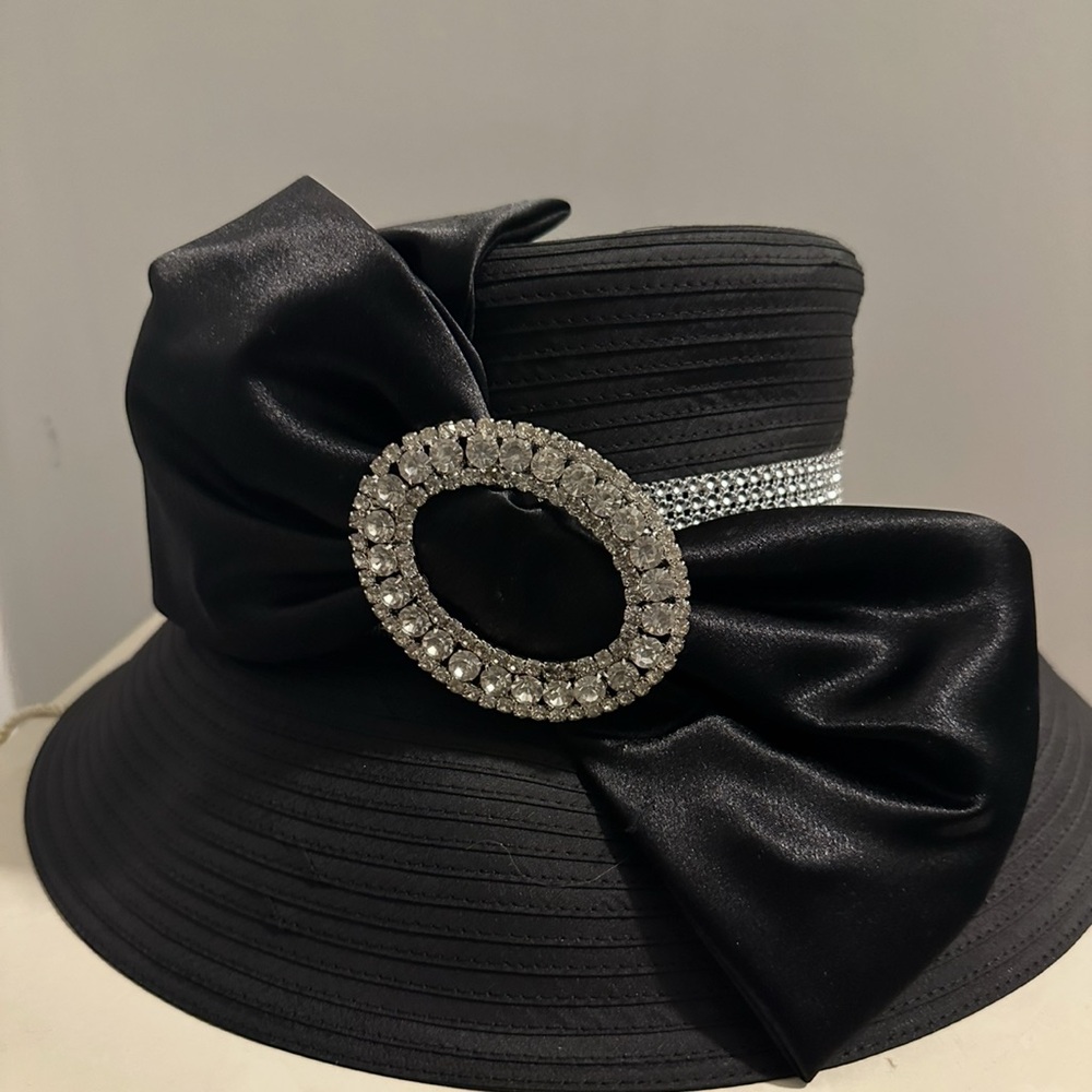 Black Wide-Brimmed Hat with Crystal Embellishment